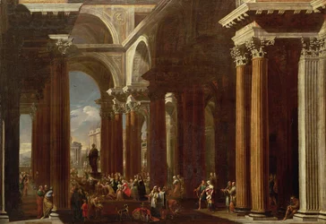 Un capriccio architettonico con un sacrificio romano